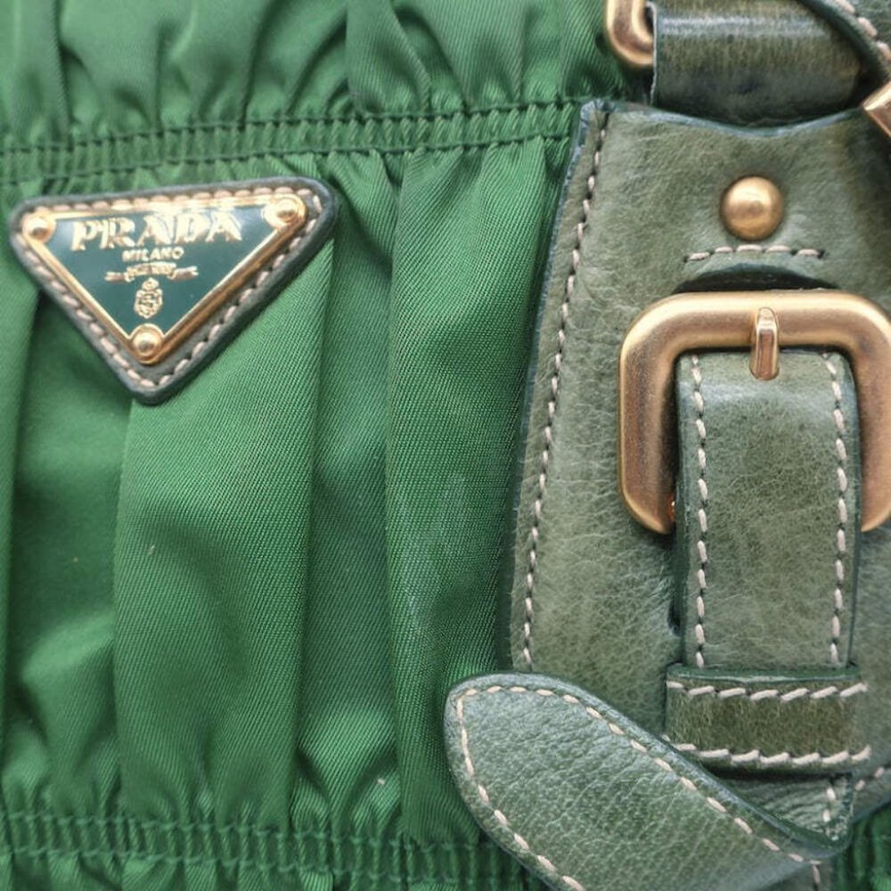 Prada Tessuto Gaufre Braided Handle Satchel Green Nylon Medium Crossbody Bag - Picture 4 of 12